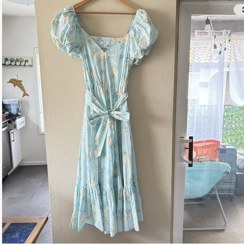 LoveShackFancy Green and Blue One Shoulder Flutter Sleeve Sundress